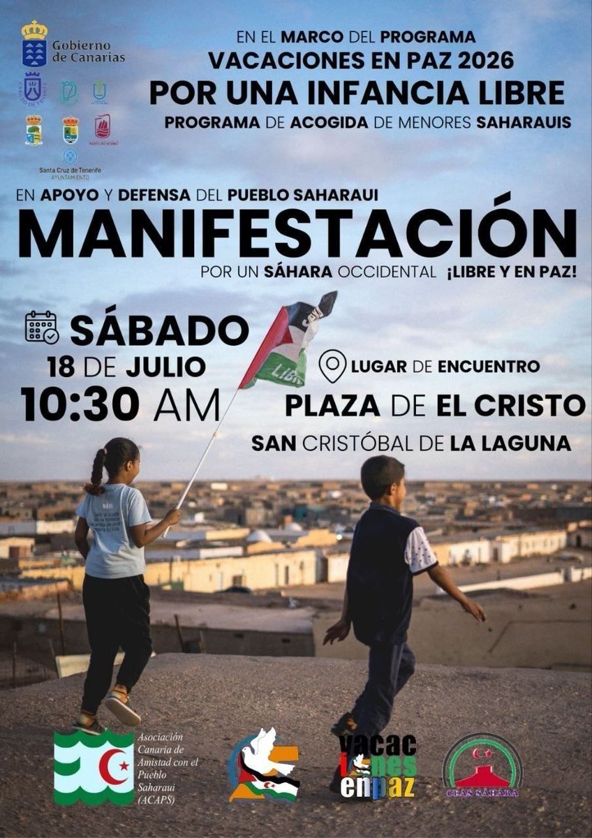 TnfXPalestina's tweet photo. Manifestación por el pueblo saharaui. Sábado 18 de julio, a las 10:30 horas, desde plaza del Cristo, La Laguna, Tenerife  Desde la plataforma Tenerife con Palestina llamamos a asistir.  

¡¡Fuera Marruecos del Sáhara Occidental!!

¡¡Sáhara libre!! https://t.co/OyX42jBFkl