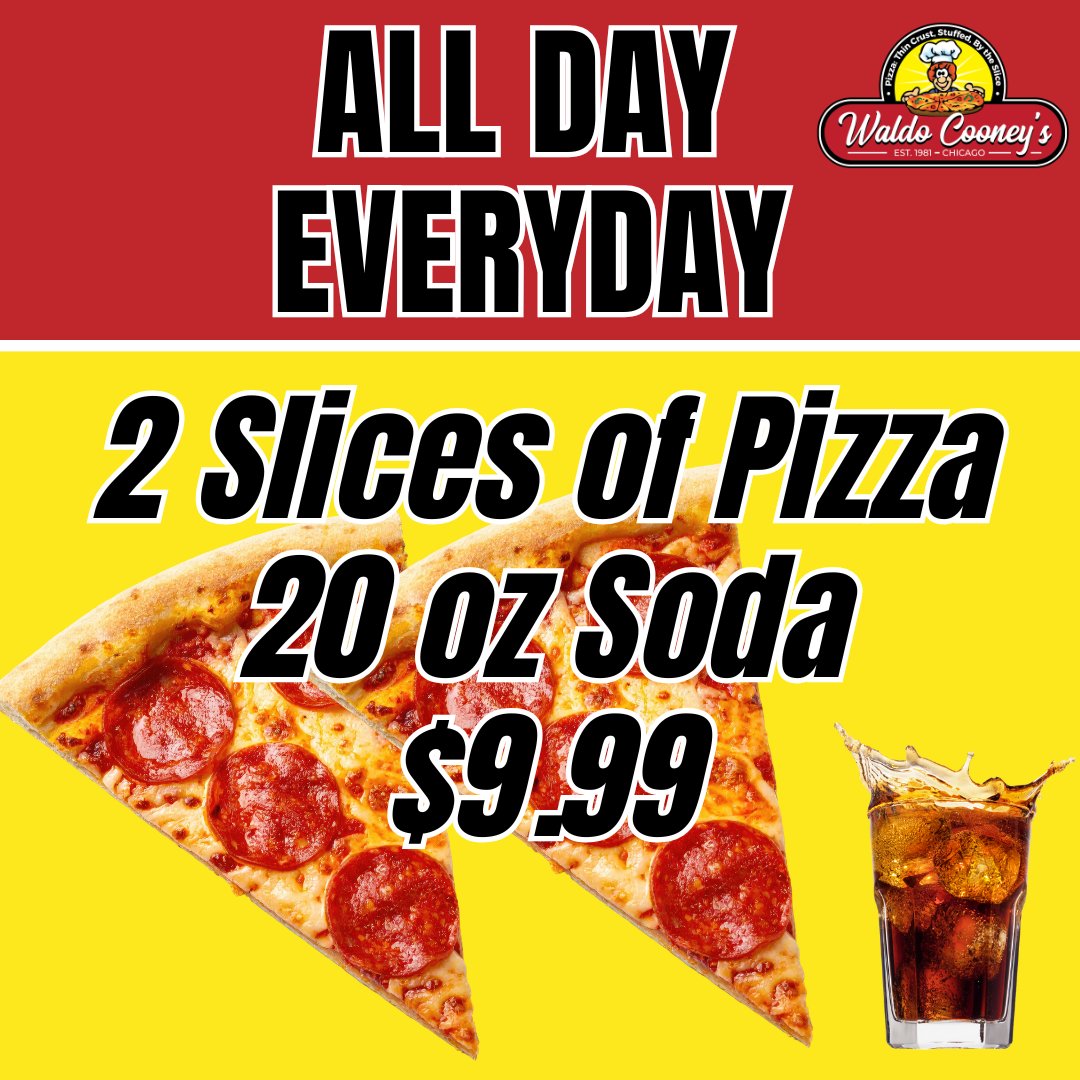WaldoCooney's tweet photo. ALL DAY EVERY DAY!
Head to Waldo Cooney's for a great slice of Pizza or two!
Available at participating locations!
#pizza #slices #pizzaslices #WaldoCooneys #lunch
#WorthIL #Chicago #Berwyn #Lansing https://t.co/9EfzwyyneF