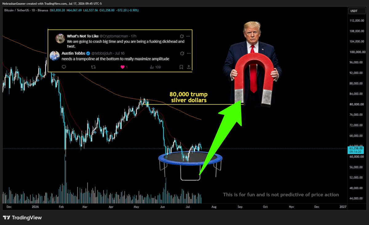 Nebraskangooner's tweet photo. Day 5 of drawing a big arrow on #Bitcoin chart until it's back above $80,000. 

Good idea on the trampoline, if price drops it will surely bounce off that. 

What else do we need? https://t.co/5XfDR8L81x