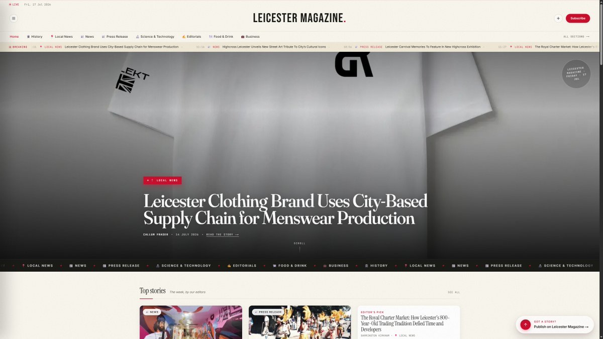 reflektclothing's tweet photo. Proud to see REFLEKT featured on the front page of Leicester Magazine.

Huge thanks to editor Callum Fraser and the team for spotlighting our mission to revive Leicester’s textile heritage through modern British menswear.

Read the full story here: https://t.co/djgCyUacar

#MadeInEngland #BritishMenswear #Leicester #REFLEKT