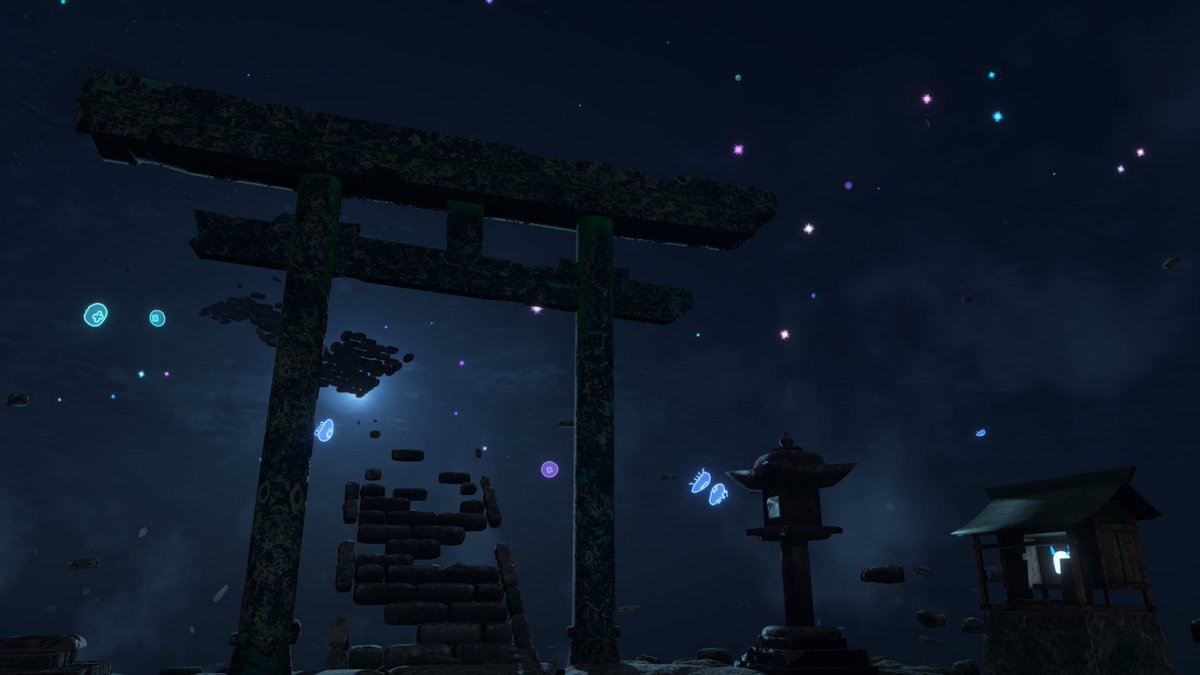 tetra_moon's tweet photo. ワールド　星海ノ社-Shrine of the Starry Sea-
作者様　　Rukacreate

空高くにある社のワールド
ほぼ廃墟になった社と祠を参拝して回ろう

クラゲ？が浮かぶ幻想的な星空を見上げてゆっくりするのも良いね
ジャンプギミックがあって、空中で魔方陣を出しながら何度でもジャンプできるので散策するのも楽しい！
5か所ある祠を巡ってその先にあるものを見に行こう
#VRChat_world紹介 #VRChat