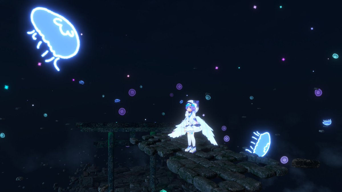tetra_moon's tweet photo. ワールド　星海ノ社-Shrine of the Starry Sea-
作者様　　Rukacreate

空高くにある社のワールド
ほぼ廃墟になった社と祠を参拝して回ろう

クラゲ？が浮かぶ幻想的な星空を見上げてゆっくりするのも良いね
ジャンプギミックがあって、空中で魔方陣を出しながら何度でもジャンプできるので散策するのも楽しい！
5か所ある祠を巡ってその先にあるものを見に行こう
#VRChat_world紹介 #VRChat