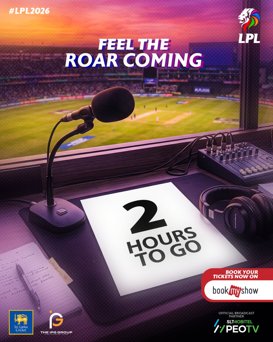 LPLT20's tweet photo. Mics ready. Stadium ready. The countdown is on. 🔥
Only 2 hours to go!
#LPL2026 #LankaPremierLeague #ApeLeague #SriLankaCricket #IPGGroup #FlashSportsAndMedia #PEOTV https://t.co/heRn0pglP5