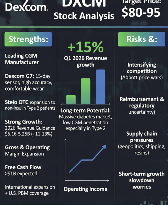 HunterDavisM's tweet photo. Stock Recommendation: $DXCM

Key Highlights: Leading CGM (Continuous Glucose Monitoring) Manufacturer: Dexcom's G7 15-day sensor boasts high accuracy, comfortable wear, and optimized cost, setting a market benchmark. New products such as Stelo OTC (over-the-counter) further expand its reach to non-insulin-dependent type 2 diabetes patients.

Strong Growth: 2026 revenue guidance of $5.16-5.25 billion (11-13% growth), with continued improvement in gross margin and operating profit margin, and free cash flow expected to exceed $1 billion. International expansion and increased US reimbursement coverage (coverage of the three major PBMs) drive new patient initiation.

Improved Profitability: Q1 2026 revenue growth of 15%, with significant growth in operating income. Management addresses challenges through manufacturing optimization and efficiency improvements.

Long-Term Market Potential: The large diabetic patient base indicates significant room for CGM penetration (especially in type 2 diabetes).

Global Supply Chain: Geopolitical tensions (such as shipping disruptions, raw material fluctuations, and trade barriers) may impact resin, transportation, and manufacturing costs, leading to short-term gross margin fluctuations of 50-100 basis points. The company is mitigating risks by diversifying its production base through a new factory in Ireland and optimizing its supply chain.

Key Risks:
Increased competition (Abbott price war).

Uncertainty regarding reimbursement policies and regulations (e.g., FDA/CMS).

Macroeconomic supply chain cost pressures (fuel, shipping, geopolitical factors).

Concerns about a short-term slowdown in growth, but management has repeatedly exceeded expectations.

Target Price: $80-95 USD

#Semiconductors #MemoryChip #GigaDevice #AIComputingPower #HuaHongGrace #JCETGroup #InterimReport