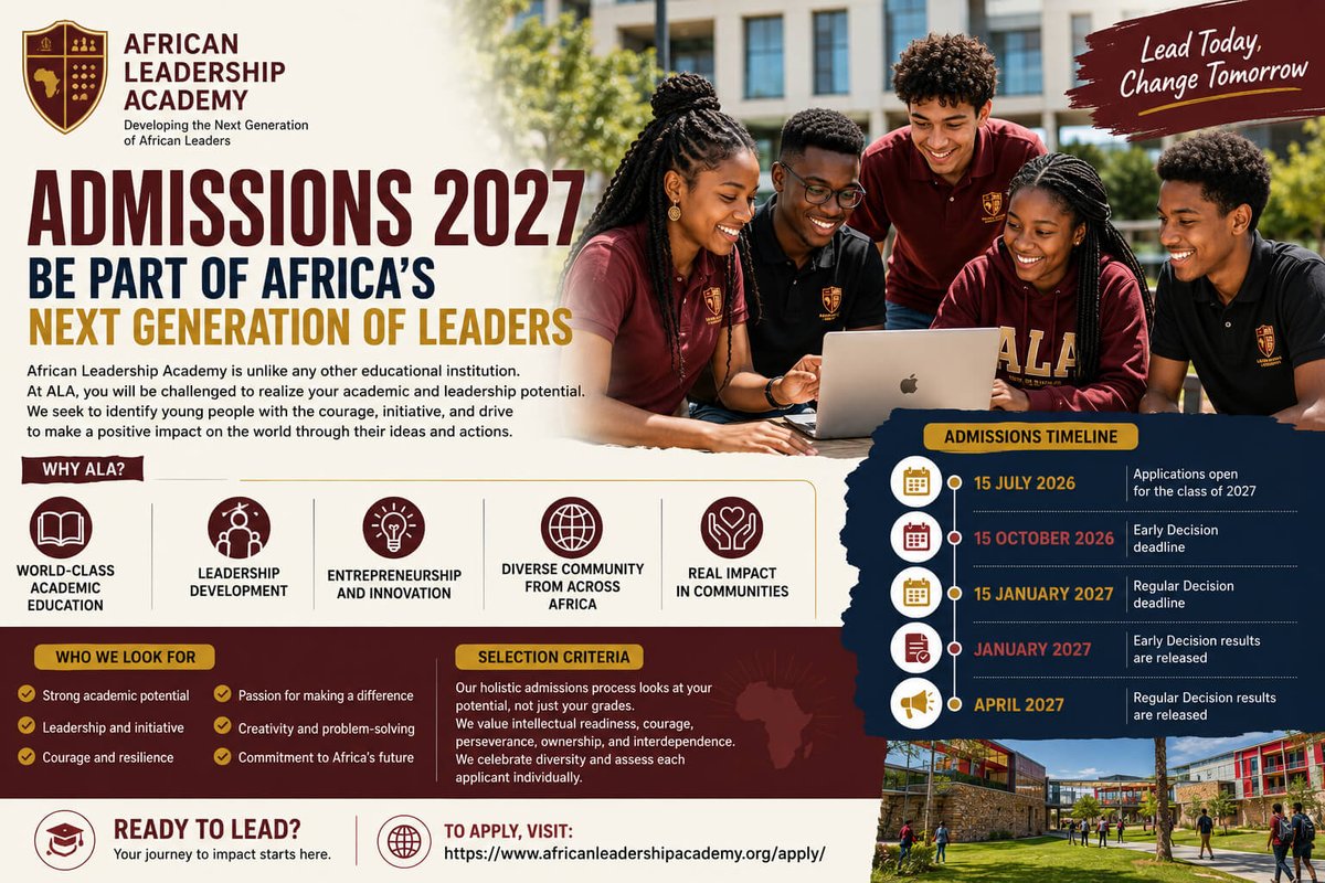 NaijaHood_Blog's tweet photo. African Leadership Academy Admissions 2027 | Apply for Africa’s Premier Leadership School
https://t.co/tLka9wbQsk https://t.co/SJWoJlKE7D