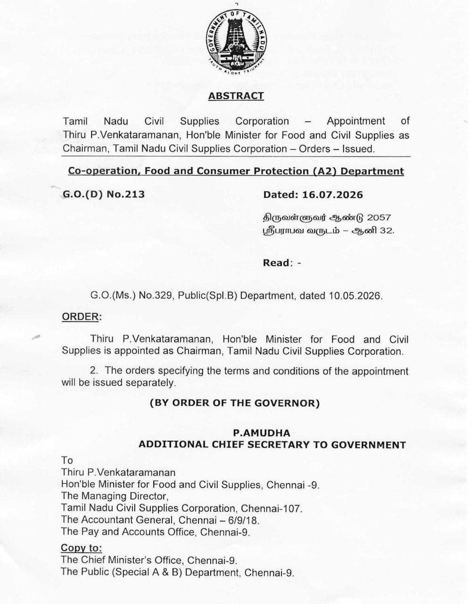 Vignesh_twitz's tweet photo. Food Minister P. Venkataramanan appointed as the Chairman of the Tamil Nadu Civil Supplies Corporation. https://t.co/GVQP9qVvhy