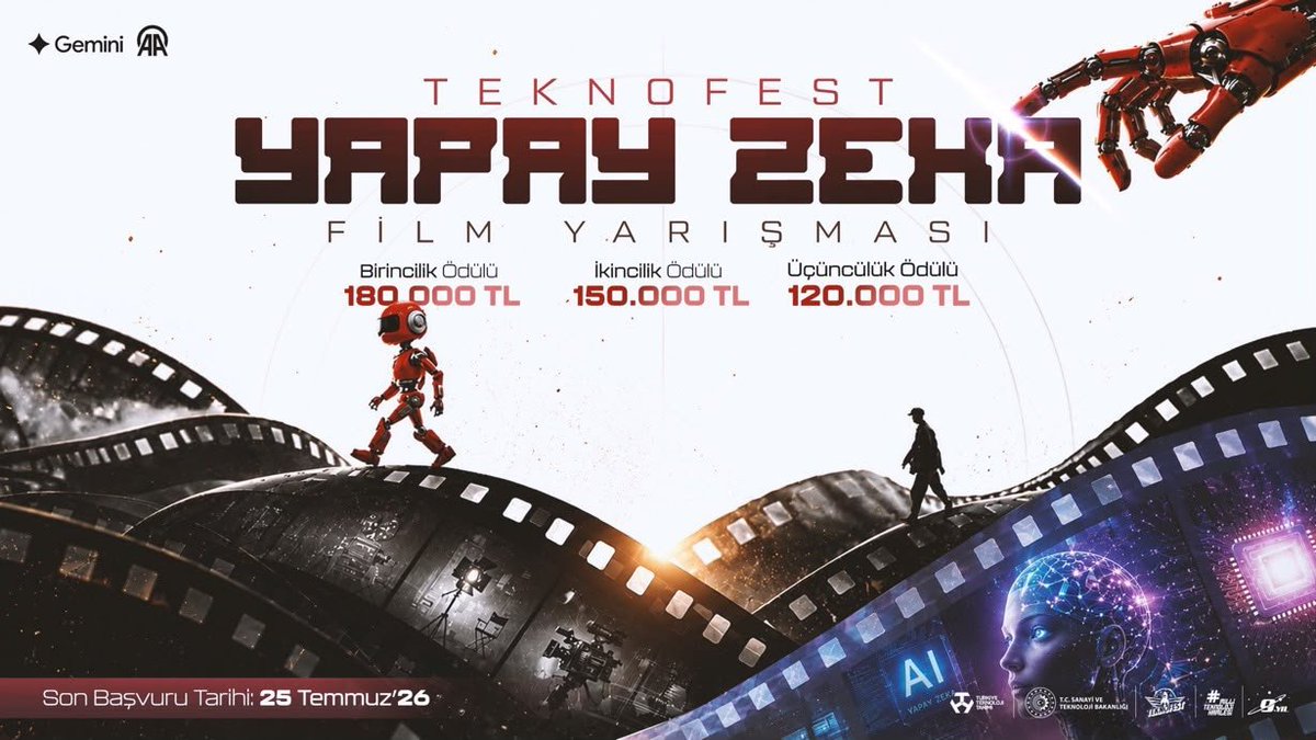 seherctn01's tweet photo. T3 Vakfı, Anadolu Ajansı ve Gemini iş birliğiyle düzenlenen TEKNOFEST Yapay Zeka Film Yarışması başlamış. 🙃

Yapay zeka ile yaratıcılığı buluşturan güzel bir fırsat. Üretmeyi seven herkese tavsiye ederim. 🚀 

Son Başvuru Tarihi: 25 Temmuz 2026
@anadoluajansi https://t.co/FWpiWKDHap