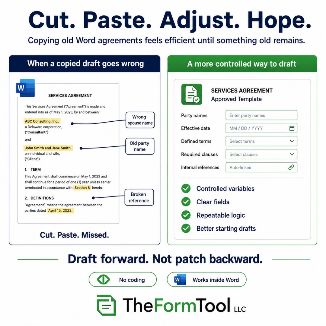 TheFormTool's tweet photo. Copying an old Word agreement is fast.
Until the old name, date, or clause is still there.

That is the real risk of cut, paste, adjust, and hope.

A better process starts from a clean, approved template. Ask for the information once. Use it everywhere it belongs.

https://t.co/elWiCFk8kz

#DocumentAutomation #MicrosoftWord