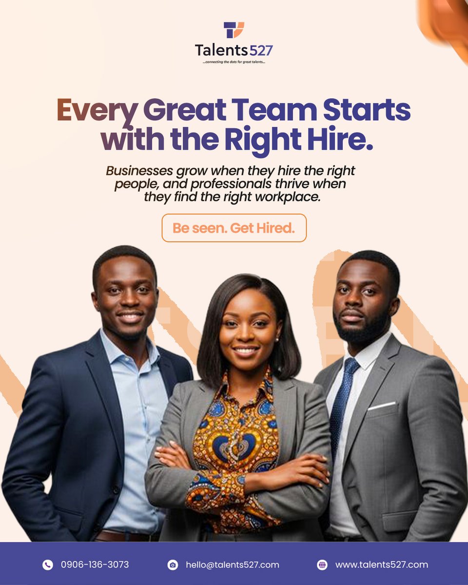Talents527's tweet photo. Behind every high-performing team is one great hiring decision.

Stop relying on chance. 

Request access to pre-qualified professionals with Talents527 and hire smarter, faster.

🌐https://t.co/AIrUVj4CUZ

#Talents527 #HiringNG #TalentAcquisition #Recruitment #HR https://t.co/ZYs7MDCeA4