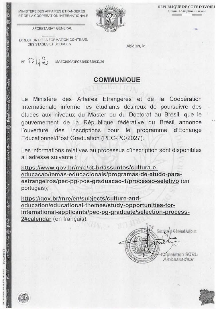 CI_Diplomatie's tweet photo. 𝑩𝑶𝑼𝑹𝑺𝑬𝑺 𝑫'𝑬́𝑻𝑼𝑫𝑬𝑺 𝑨𝑼 𝑩𝑹𝑬́𝑺𝑰𝑳
#MAECI
#ci_diplomatie
#CICG
#EnLigneTousResponsable https://t.co/FTOpChLC3G