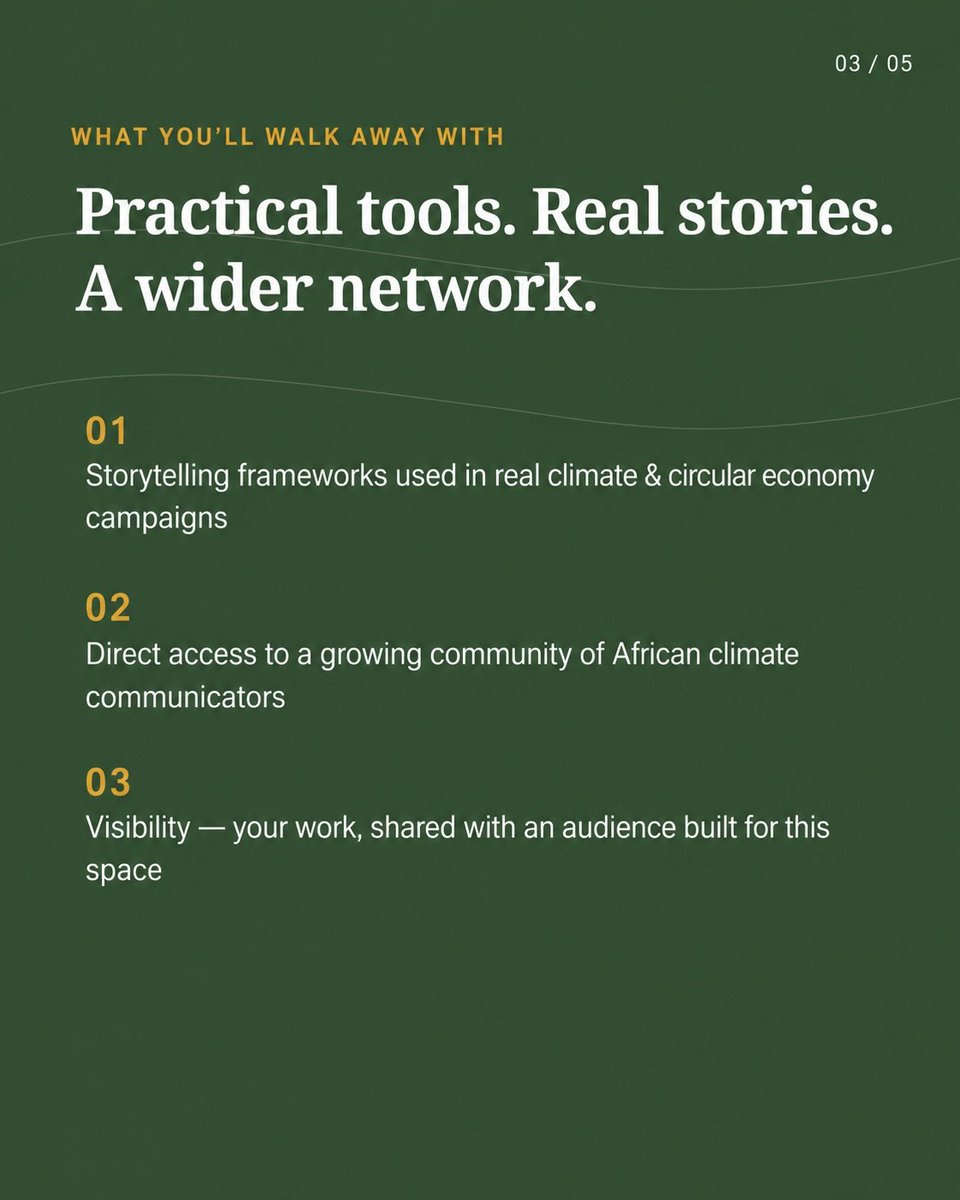 Chucklesofficia's tweet photo. Africa's climate story is being told right now, by communicators, sustainability pros, and circular economy practitioners across the continent.
Introducing the Climate Storytellers Webinar Series. Free, 3 sessions this August.
Sign up: 
 https://t.co/reRhH8Tg3l
#ClimateAction https://t.co/GQfwHvmA4k