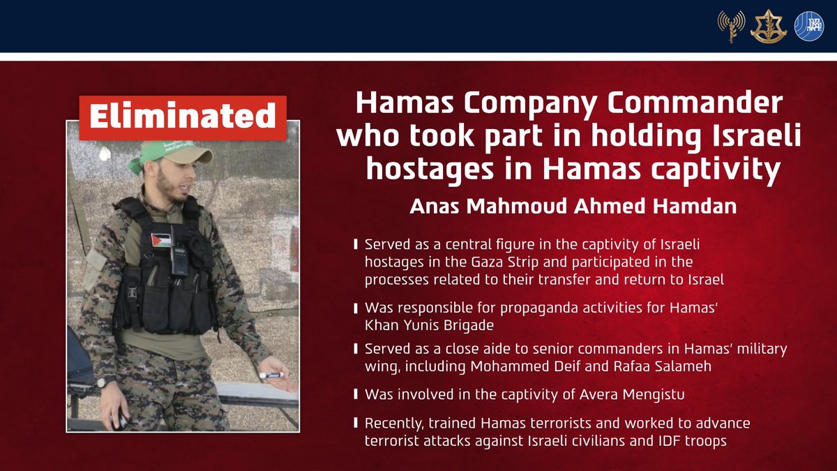 IDF's tweet photo. 🔴ELIMINATED: Anas Mahmoud Ahmed Hamdan, a Hamas Company Commander who was responsible for the propaganda activities of Hamas’ Khan Yunis Brigade.

Hamdan was directly involved in holding Israeli hostages in Hamas captivity & was responsible for documenting the hostages during the release ceremonies. Prior to the war, he was also involved in the captivity of Avera Mengistu.