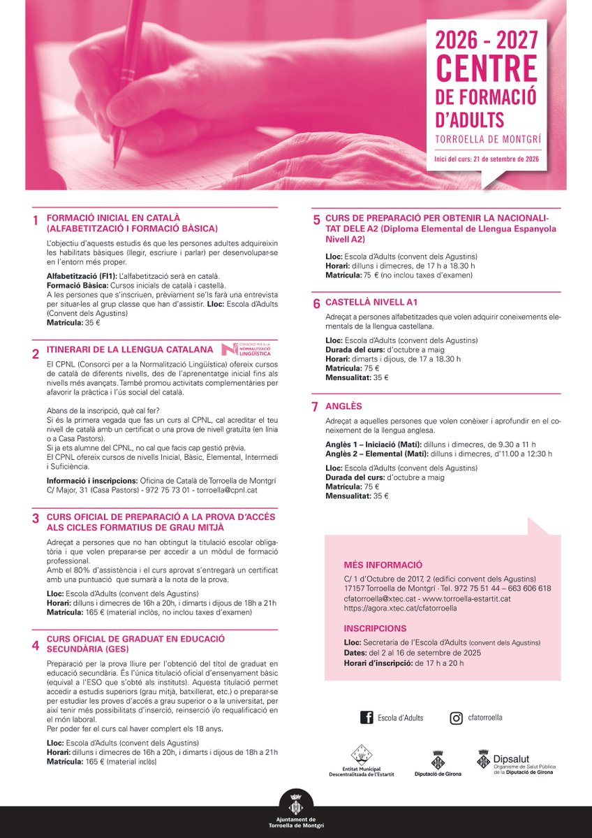 AjTorroella's tweet photo. 📖 Aprendre és una oportunitat que no té edat
L'@Ajtorroella impulsa una nova edició del Centre de Formació d'Adults, un servei públic que ofereix formació de qualitat, propera i accessible.
👉 https://t.co/Zy8gejzKl7
#SomEducació #SomTorroella #SomlEstartit https://t.co/j7wM6w67fm