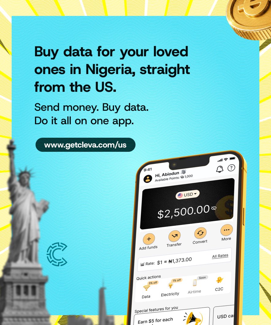 clevabanking's tweet photo. Your family shouldnโt run out of data waiting for you to send cash.
With Cleva, you can buy data for your loved ones in Nigeria directly from the U.S.
Get started now - https://t.co/KOfBmAzP5A
#getcleva https://t.co/6ALoGhPqjL