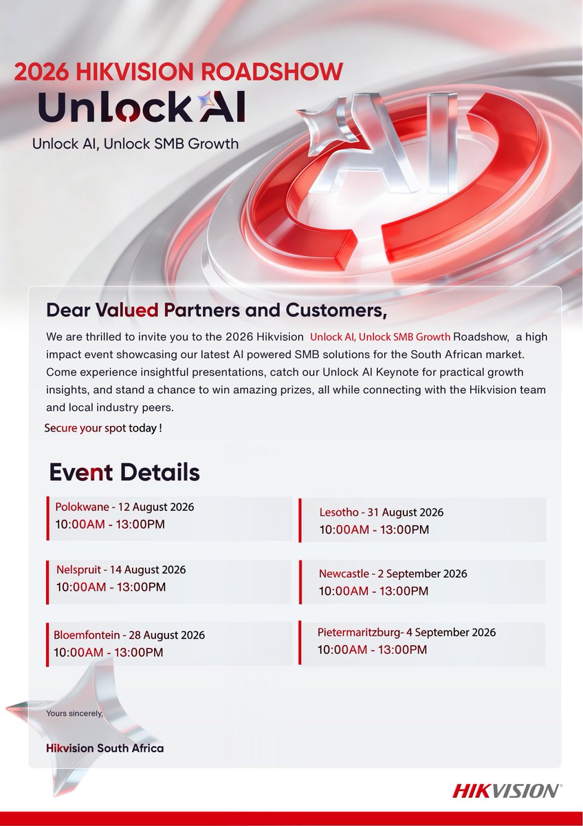 HikvisionA's tweet photo. 🚀 Join the 2026 Hikvision Roadshow: Unlock AI, Unlock SMB Growth!

Discover our latest AI-powered SMB solutions, gain practical insights and stand a chance to win exciting prizes.

Register now: https://t.co/aMRwZZR4cR

#Hikvision #UnlockAI https://t.co/8LG3mvVDA3