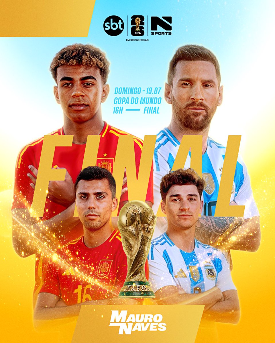 Mauronaves30's tweet photo. 🏆 A FINAL CHEGOU! ⚽
Espanha e Argentina se enfrentam neste domingo pela glória máxima do futebol mundial! Quem levará para casa a taça mais cobiçada do planeta?
🗓️ Domingo - 19.07
🕐 a partir das 13h30
📺 #NSports e #SBTSports
#FINAL #CopadoMundo #Espanha #Argentina https://t.co/4l76MH0Vj3