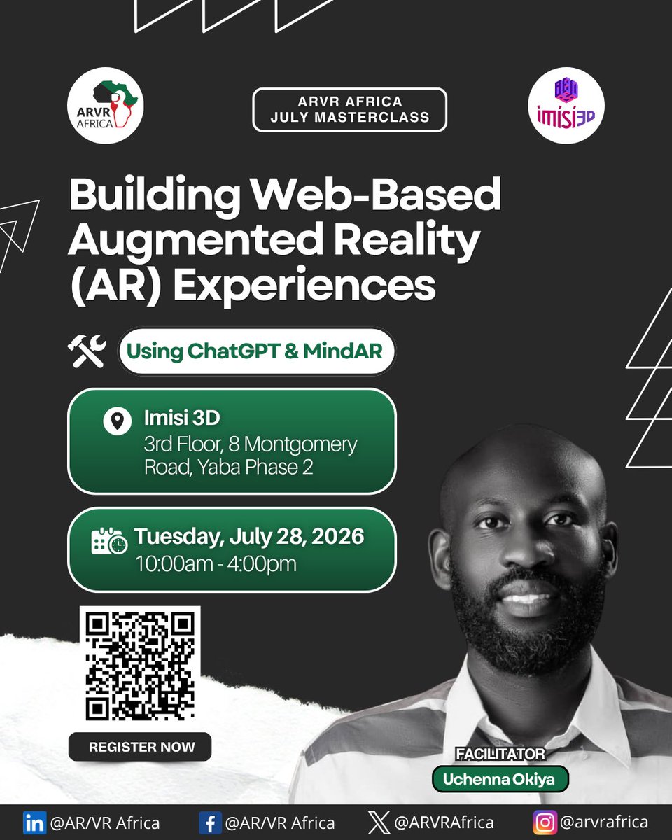 ARVRAfrica's tweet photo. ✨️ Interested in learning how to vibe code AR experiences?

Come learn the ropes at our 1-day masterclass facilitated by @gbosaman

🗓 TUESDAY, July 28, 2026
🕙 Starts at 10am

Attendance is free but registration is required https://t.co/nft76a3sLd #LimitedSlots

See you there! https://t.co/y2oKLArOzN