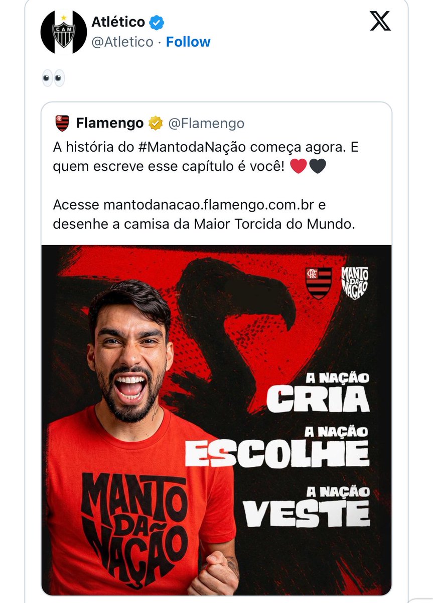 golsdobrasil1's tweet photo. O Atlético-MG provocou o Flamengo nas redes sociais depois que o clube carioca anunciou um concurso para criar a nova camisa.

A alfinetada sugere que a campanha do Fla é parecida com o projeto “Manto da Massa”, criado pelo Galo em 2020 e encerrado em 2023.​​​​​​​​​​​​​​​​​​​​​​​​​​​​​​​​​​​​​​​​​​​​​​​​​​

— O Globo
📸 Reprodução