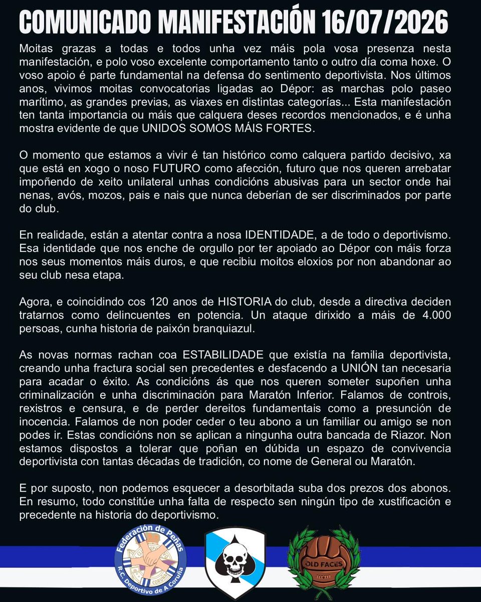 RB1987Oficial's tweet photo. O deportivismo é unha forma de vida. 

Podemos levar moitos golpes, mais temos unha dignidade que non cabe no peito. Con todo o noso orgullo, hoxe berramos polos nosos dereitos.

As rúas falaron e déronnos máis forza para seguir na loita. Grazas por participar nesta manifestación https://t.co/xnU4gbxbUu