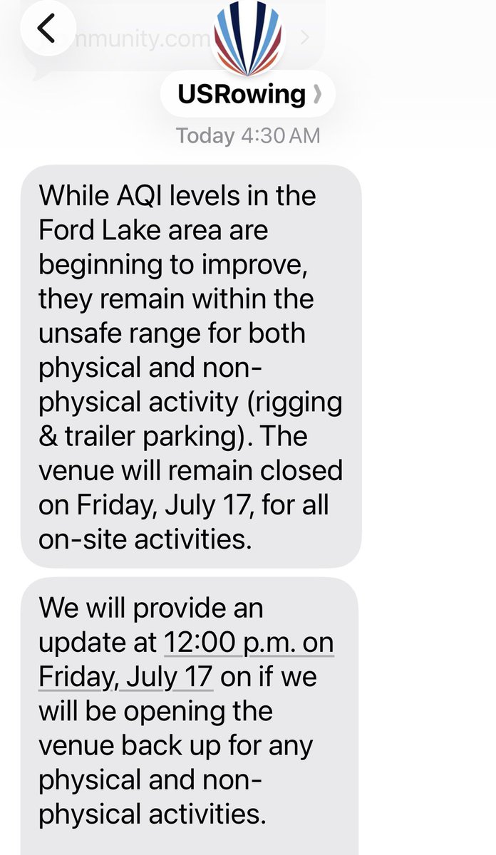 StJohnsPriest's tweet photo. Races cancelled for the morning at @usrowing #rowfest with air quality still bad from the Canadian Wildfires. Will we get any racing in today? Not looking promising with forecast for smoke not moving out until later tonight. https://t.co/xqdJIaDGFV