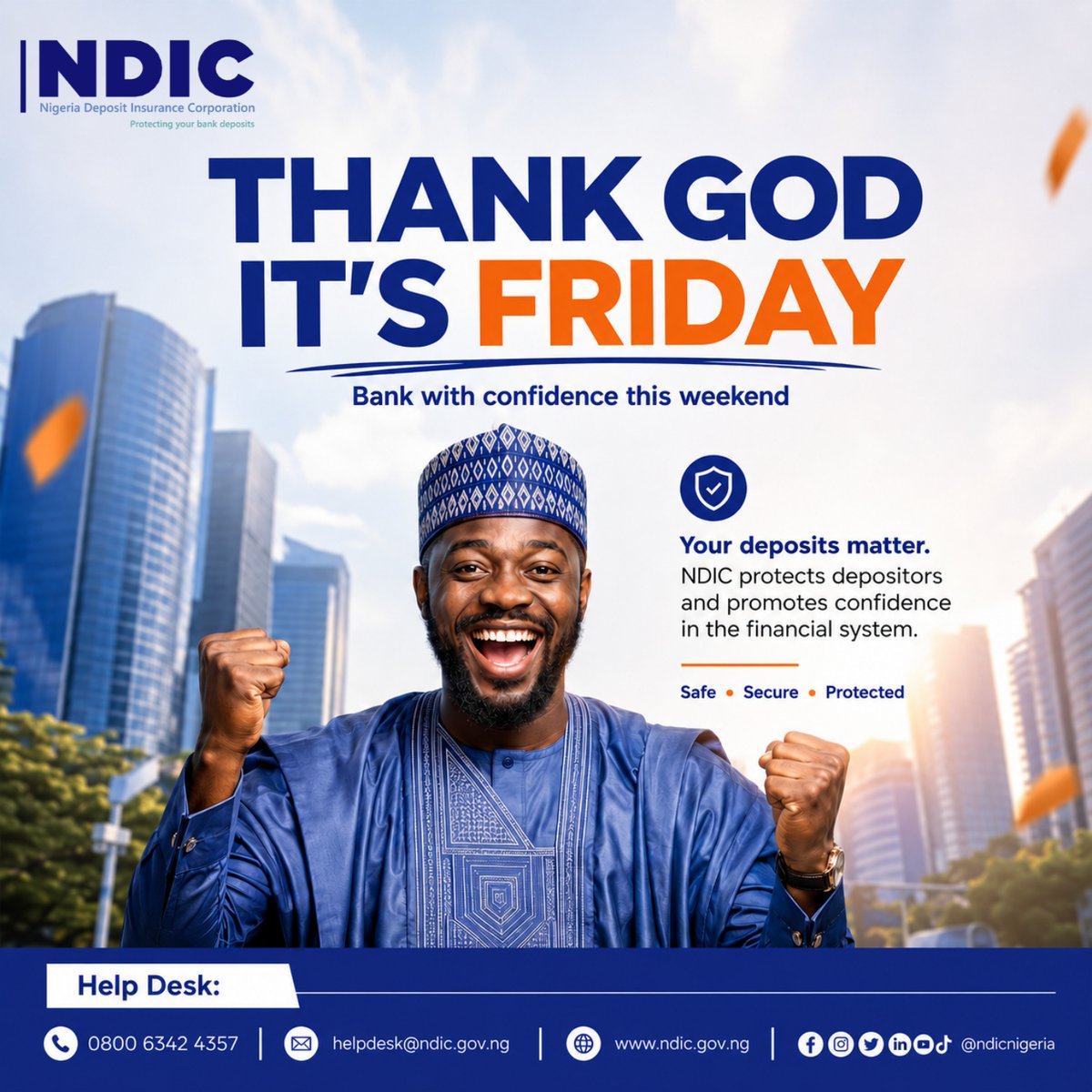 NDICNigeria's tweet photo. NDIC is committed to protecting depositors and promoting confidence in the financial system.

#TGIF #NDIC #DepositorProtection #BankingConfidence https://t.co/ixHDybBTHK