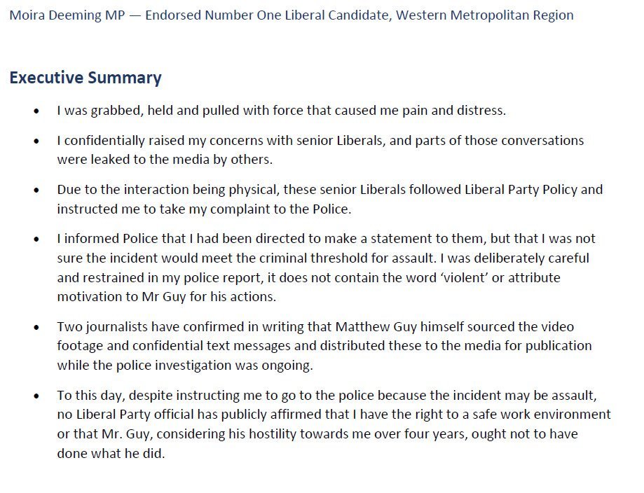 WomensNN's tweet photo. Just so everyone's clear:
Matthew Guy grabbed Moira Deeming; to her, it was too rough.
As per Party Protocol, she raised the issue w/senior members &amp; police.
Her texts were leaked.
Matthew Guy leaked the story to the media, while Moira was overseas, unable to defend herself. https://t.co/A07ixmPLmr