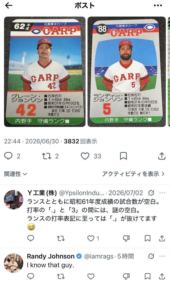 Tbaseballcard's tweet photo. 先月、元広島カープのランディジョンソンのカードをポストしたら、まさか本人から「いいね」とメッセージをもらえるとは‼️
元気そうなのは嬉しい限り。
選手の方から直接「いいね」をいただけるとは感激です😆 https://t.co/t1yV7E6nRe