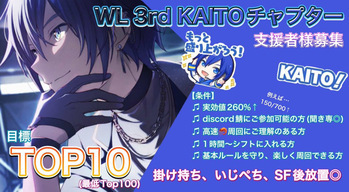 chuaaciax's tweet photo. 🍨支援者様募集🎶

鯖宣伝失礼いたします🙇‍♀️
7/27(月)-7/29(水)開催のWL3Part4 KAITOチャプターをTOP10を目指して走ります‼️

FF内外問わずお力添え頂ける方はぜひリプの鯖URLよりご入室ください🙇‍♀️

FF様：無言入室申請🙌
FF外：リプ+入室申請🙏

#プロセカ支援者様募集 
#プロセカお手伝いさん募集 https://t.co/kePrgyLilG