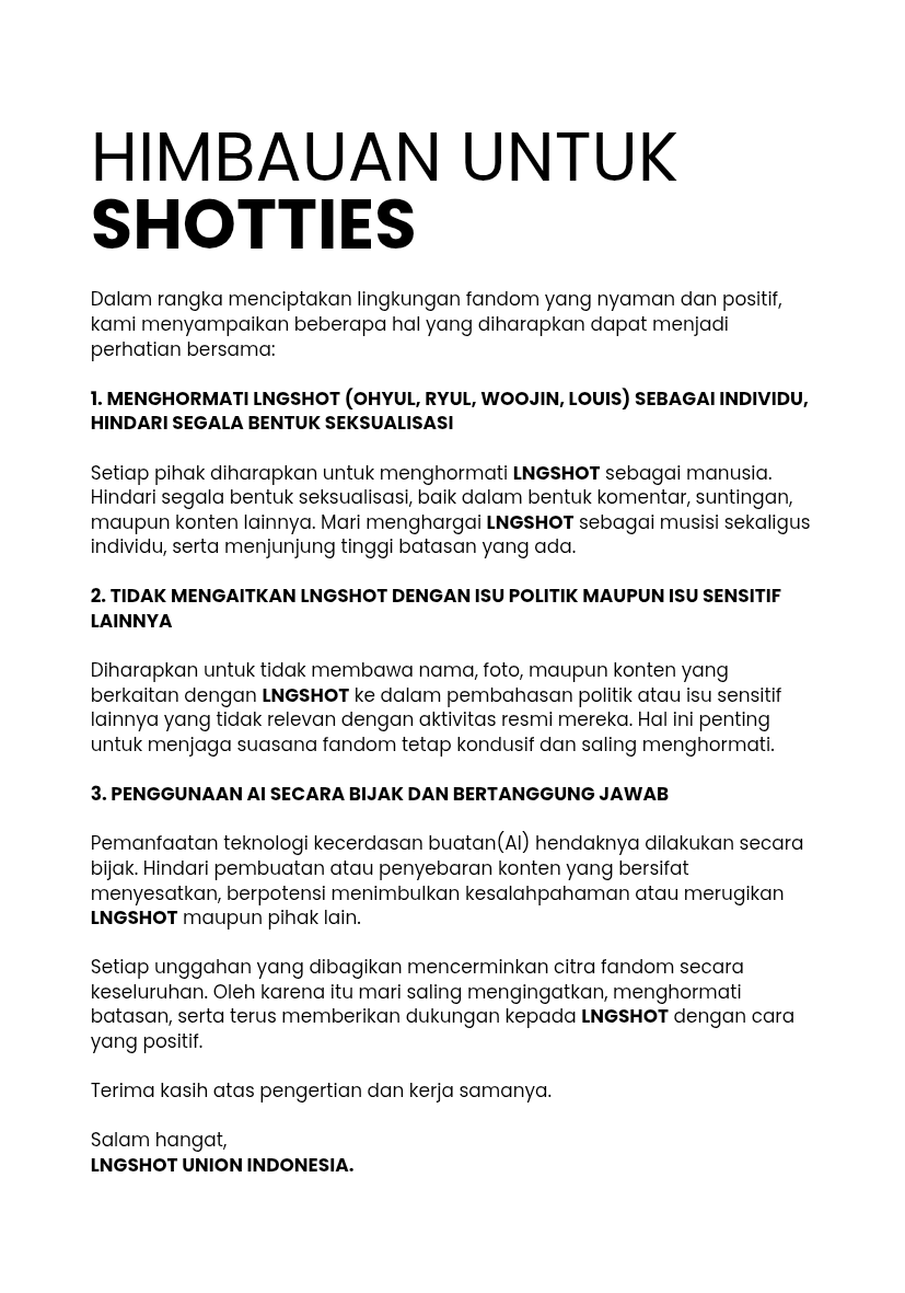 RYULINDONESIA's tweet photo. [🚨] HIMBAUAN UNTUK SHOTTIES

Halo, RYULMANIA &amp; SHOTTIES!🩶
Sebagai komitmen kami dalam menciptakan lingkungan fandom yang positif, kami sampaikan beberapa himbauan.

Salam hangat,
LNGSHOT Union Indonesia. https://t.co/msouuoGqgf