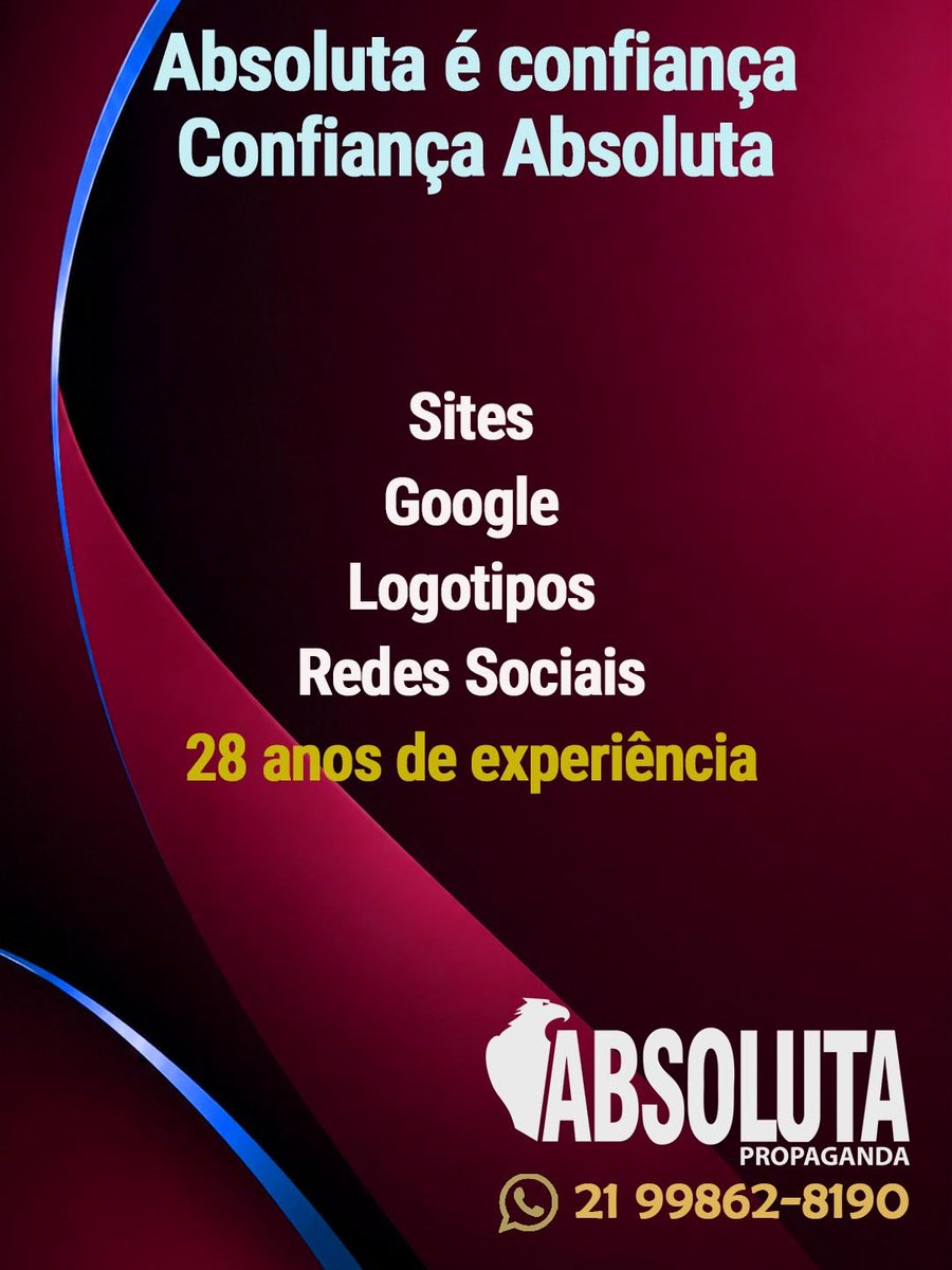 AbsolutaIntern1's tweet photo. CRIAÇÃO DE SITES - LOGOTIPOS - POSICIONAMENTO GOOGLE - REDES SOCIAIS - GOOGLE ADS
28 ANOS CRIANDO SITES NO BRASIL E EXTERIOR!!!
WhatsApp +55 21 99862-8190
https://t.co/0bekc1N7kG
#criacaodesites #atualizacaodesites #logomarca #logotipo #redessociais #PosicionamentoGoogle https://t.co/ZXJOjCi1Yt