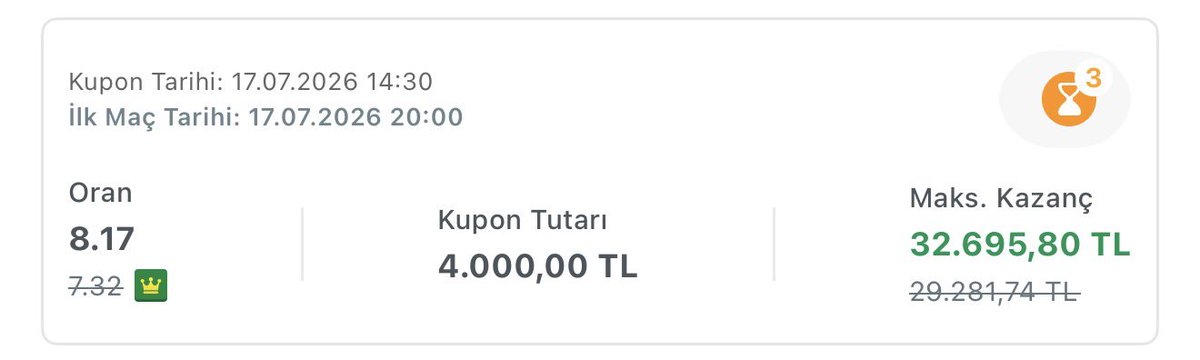 4macyeter's tweet photo. 17 TEMMUZ 3 Maç Yüksek oran kuponu

Tutarsa BEĞENİ RT yapan 3 kişiye 1000

Katılım bedeli yok herkesi bekliyorum 👇

https://t.co/efkaabl3Dd https://t.co/2EfjCSnq6F