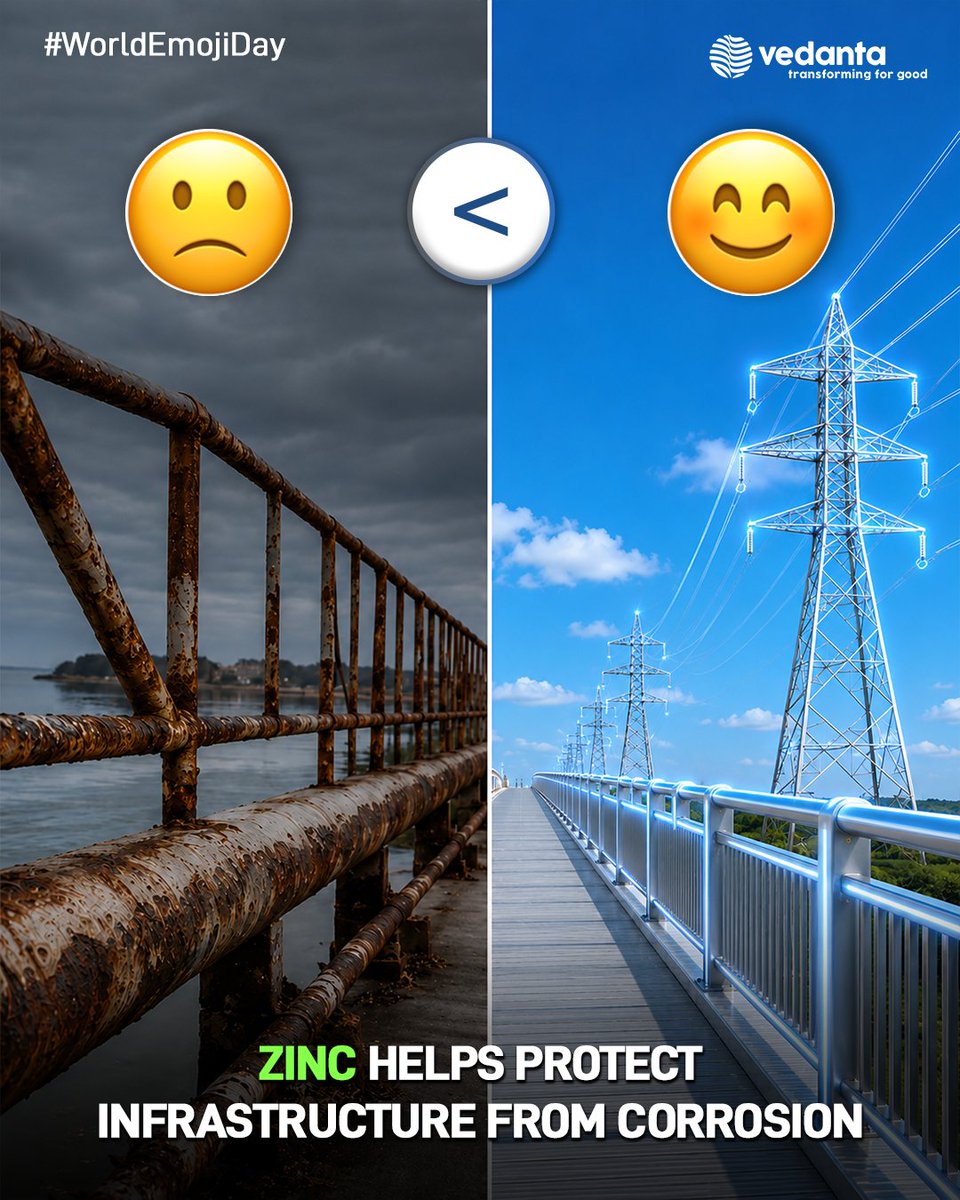 Vedanta_Group's tweet photo. (1/2)
Things that deserve a 😞:
Rust. Blackouts. Traffic on an unfinished bridge.
Things that deserve a 😊:
The metals and minerals helping keep the world moving.
Happy #WorldEmojiDay from Vedanta.
#TransformingForGood #DeshKiZarooratonKeLiye #Vedanta #Emoji https://t.co/4LxiIifaAX
