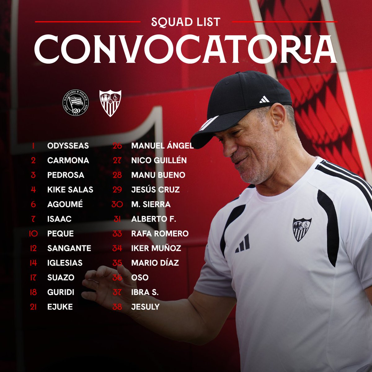 SevillaFC's tweet photo. 📜 CONVOCATORIA | Lista de 24 jugadores para el amistoso en Polonia frente al KS Cracovia. 

#WeareSevilla