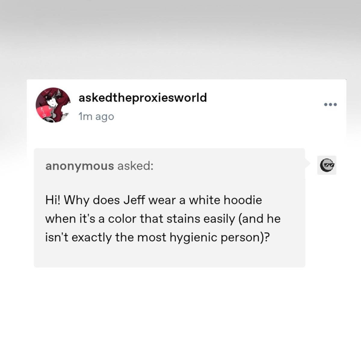 Riayagunez's tweet photo. from my alt blog asked (1/2)

Jeff's answer lol. https://t.co/1C5no8Gbsh