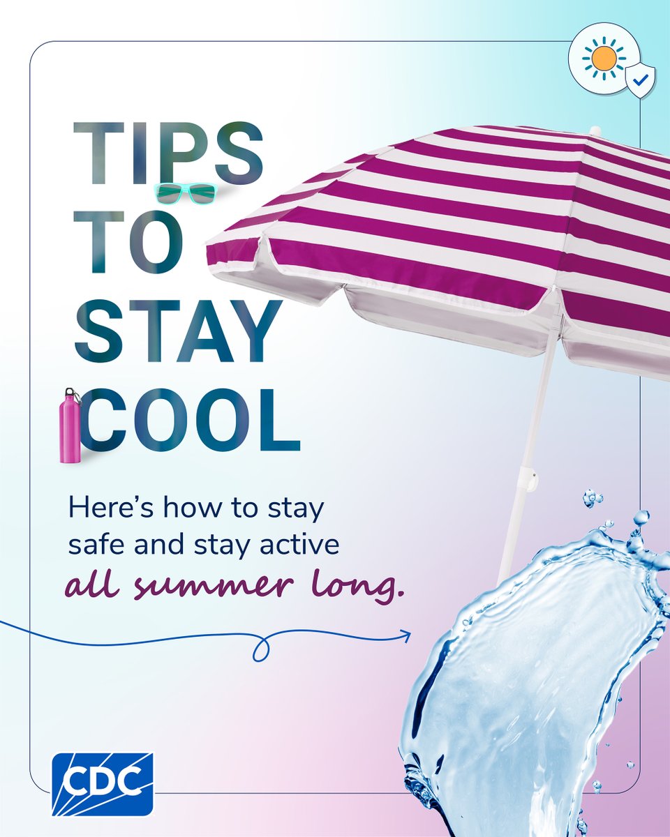 CDCgov's tweet photo. Summer heat is no joke. ☀️🌡️
Heat waves are one of the leading causes of weather-related deaths in the United States. But staying active and healthy — even on the hottest days — is possible with a little planning.
#HealthySummer #HeatSafety #StayCool #GetActive #CDC https://t.co/KHSqWQCGZj