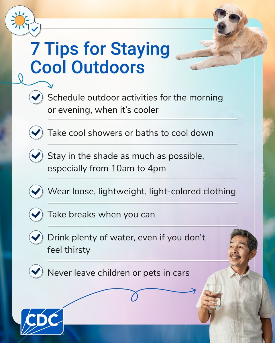 CDCgov's tweet photo. Summer heat is no joke. ☀️🌡️
Heat waves are one of the leading causes of weather-related deaths in the United States. But staying active and healthy — even on the hottest days — is possible with a little planning.
#HealthySummer #HeatSafety #StayCool #GetActive #CDC https://t.co/KHSqWQCGZj