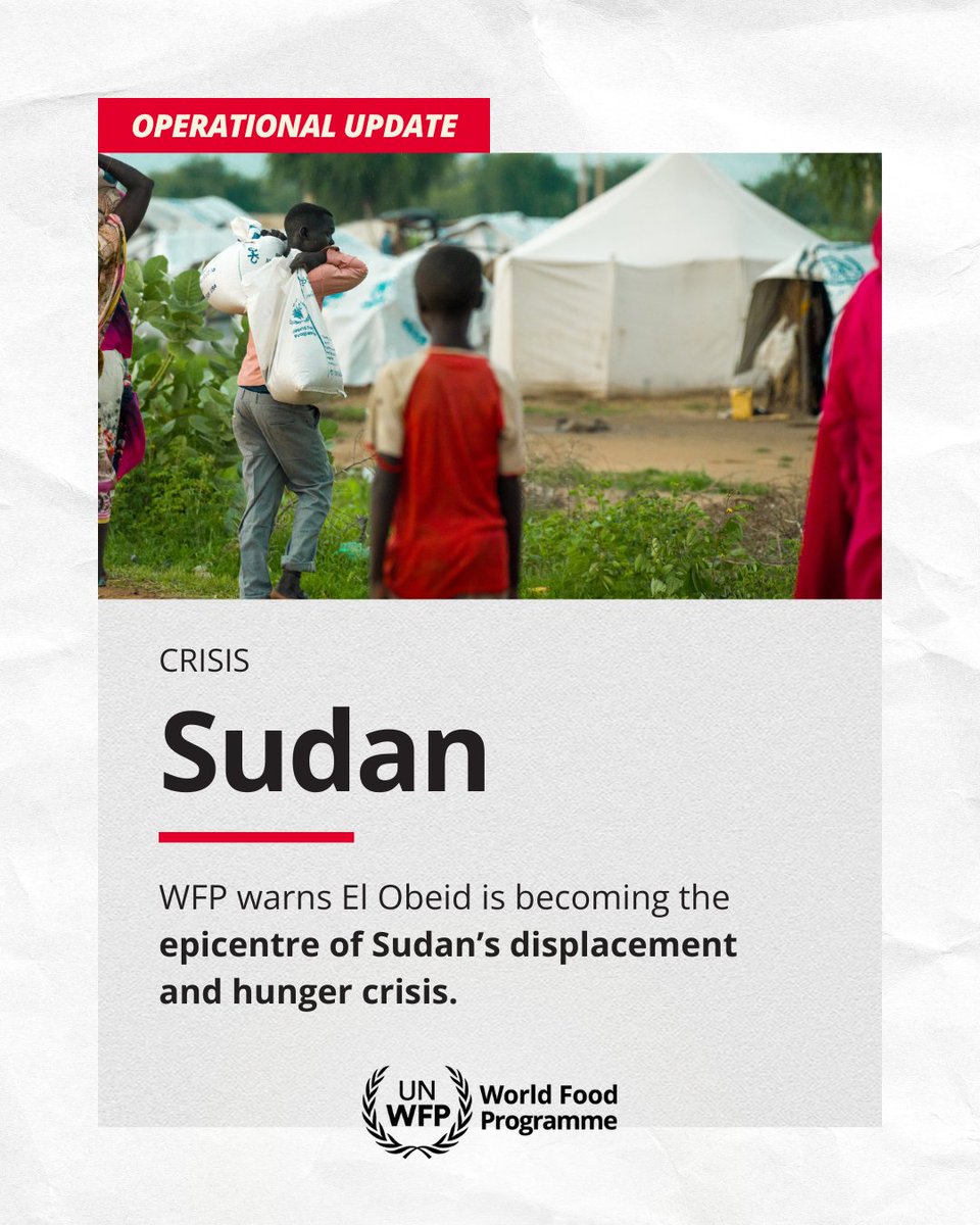 WFP's tweet photo. 🆘 WFP warns the humanitarian situation in #Sudan's El Obeid is rapidly deteriorating.

🔴 As conflict uproots more families, pressure on food, fuel and water supplies is growing.
🔴 WFP is supporting 100,000+ people and positioning stocks to reach more.
🔴 Without additional resources, lifesaving food assistance could be at risk within months.

Get more: https://t.co/Rqc5CrrlMh