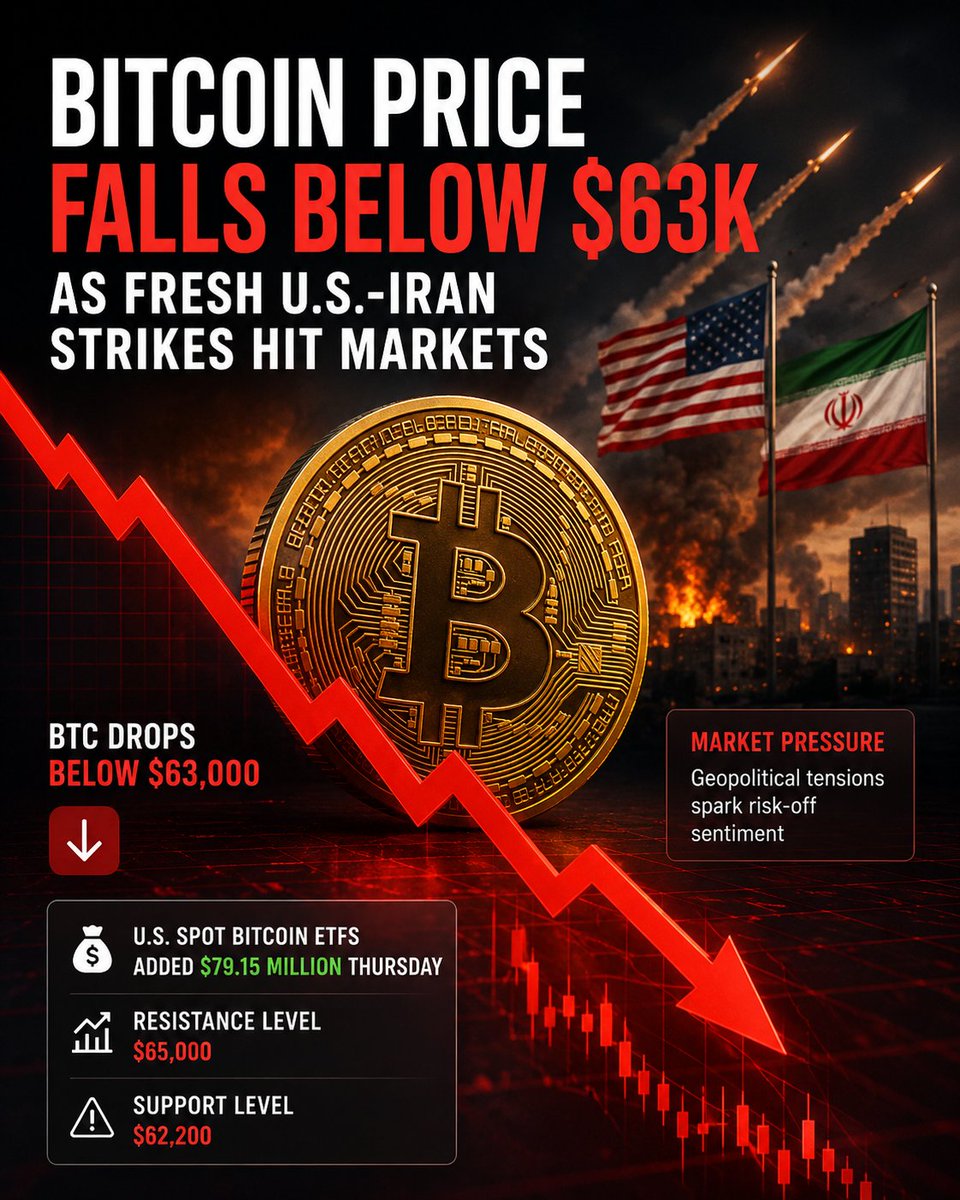 officialbitnxt's tweet photo. 🚨 Bitcoin drops below $63K as renewed U.S.-Iran tensions trigger a market-wide risk-off move.

📉 Resistance: $65K
⚠️ Support: $62.2K
Are you buying the dip? 👀

#Bitcoin #BTC #Crypto #CryptoNews #BitcoinETF #Markets  #bitnxt https://t.co/BU7wuV15Hj