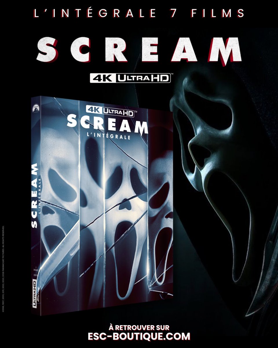 ESC_Films_'s tweet photo. 🔪 Le COFFRET SCREAM L'INTÉGRALE est désormais disponible en précommande ! 

💿 Les 7 FILMS de la franchise culte arrivent en COFFRET UHD 4K, également disponibles en BLU-RAY et DVD : pour bénéficier de -10% sur vos précommandes, c'est juste ici 👉 https://t.co/yZ6Qsw1WBv https://t.co/bvThUVlg7f