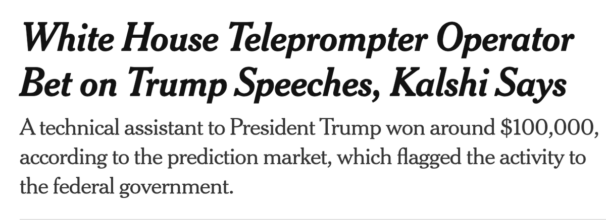 alienbarbarian's tweet photo. The mainstreaming of “prediction markets” like Kalshi in the US which let you bet on real-world events have led to hilarious cases of insider trading.

Yesterday, a White House teleprompter operator used his role to place bets on what Trump would say in his speeches and was caught will gains of $100,000.

Earlier, I’d written about  a trader who bet on the the weather getting hotter in Paris and then took a hair dryer to an official temperature gauge to increase its recorded measurement.  

Then there was the time when a U.S. Army Special Forces soldier bet on the capture of Nicolas Maduro (Venezuelan Prez) before participating in the classified operation to capture him and netted $400,000. 

Can we please not have this in India?