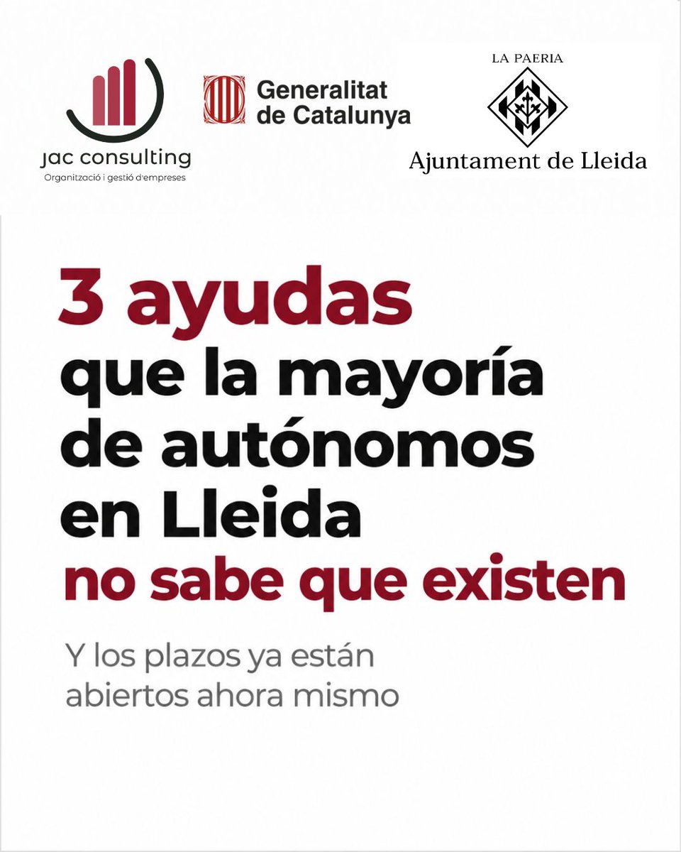 JACCONSULTINGSL's tweet photo. 3 ayudas abiertas ahora mismo para autónomos y pymes en Lleida:

🏪 Hasta 7.500€ para tu local (Ajuntament de Lleida)
🤝 Ayudas por contratar +52 años (SOC)
⚙️ Hasta 100.000€ a fondo perdido (LEADER Ponent)
https://t.co/AhCYNedbj9 https://t.co/8NKcQT9ZLF
