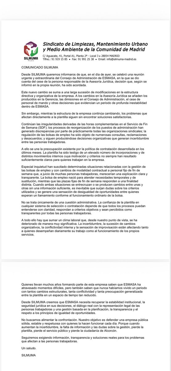 SilmumaEsmasa's tweet photo. Mientras se realizan vídeos de una imagen perfecta dESMASA,no se explican decisiones, como el cese de la responsable de la Asesoría Jurídica.En una empresa pública, la comunicación no puede sustituir a la rendición de cuentas. Los vecinos dAlcorcón merecen respuestas. https://t.co/qi47u1bbRc