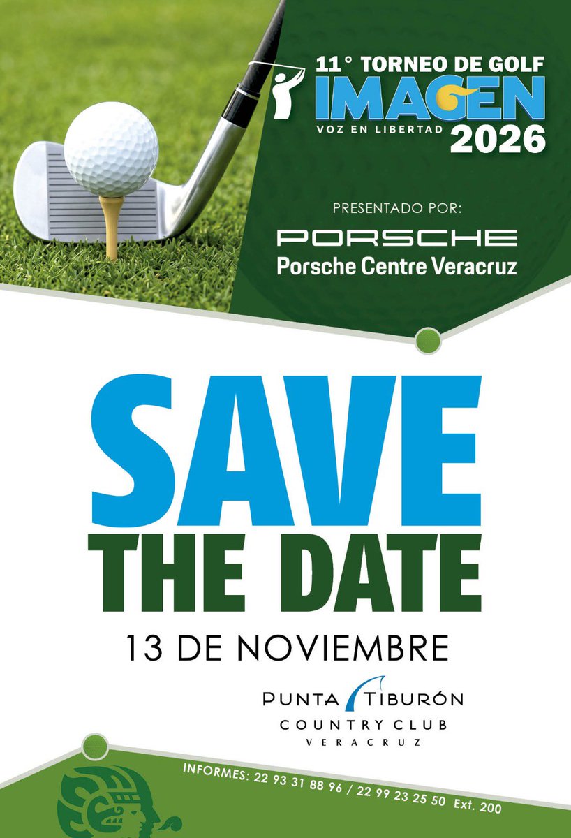 m_yoldi's tweet photo. ⛳ ¡Save the Date! 🏌🏻‍♂️ 

La cuenta regresiva ha comenzado. El próximo 13 de noviembre, el 11.º Torneo de Golf Imagen 2026 reunirá en Punta Tiburón Country Club a empresarios, directores y líderes que impulsan el desarrollo de Veracruz.

Reserva la fecha; nos vemos en el green. https://t.co/uuPWQON8Cg