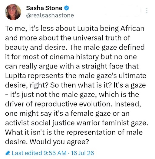 Lons's tweet photo. This is pretty racist but I also feel like a film writer should understand what "the male gaze" means. (HINT: It's not "which chick is hottest?") https://t.co/n2JGu1eH3y