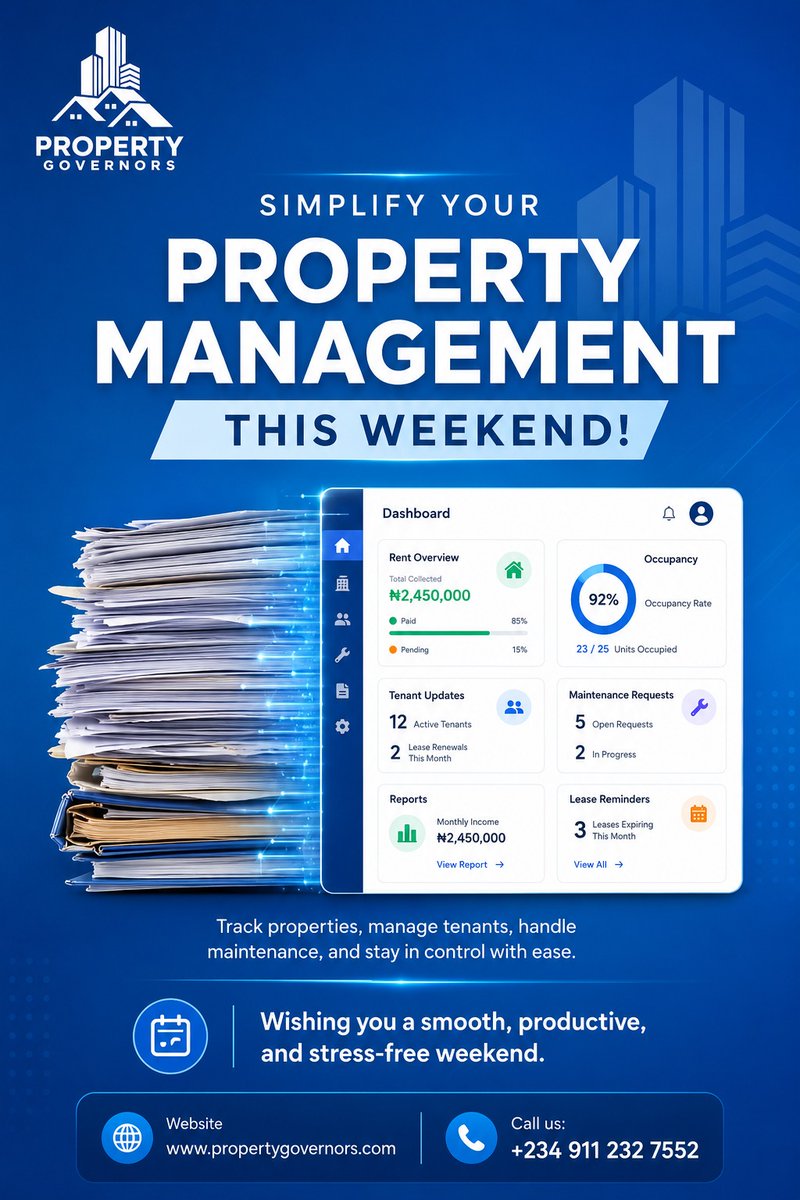 propertygovs's tweet photo. Property management shouldn’t take over your weekend.

Manage tenants, rent, maintenance, occupancy, and reports easily with Property Governors.

Have a smooth and stress-free weekend! 🏢💙
🌐 https://t.co/Mo5jejuLec
#PropertyManagement #RealEstate #PropTech #FacilityManagement https://t.co/W4P6V8ubzI