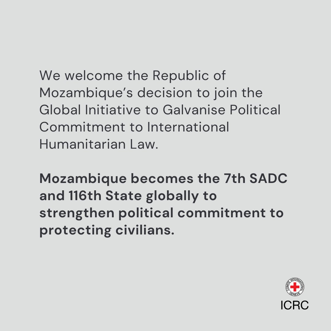 ICRC_SAfrica's tweet photo. The Republic of Mozambique joins a growing community of States committed to strengthening respect for International Humanitarian Law. Strengthening political commitment. Protecting civilians. Preserving humanity.
Learn more about the initiative https://t.co/c4X5iPWPOz https://t.co/xHqCH0UXMr