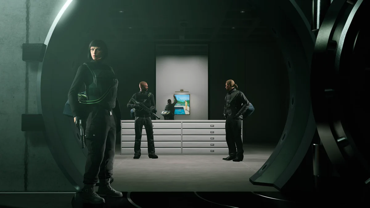 Three GTA Online characters stand watch inside a vault as another works to take down a hung painting. 