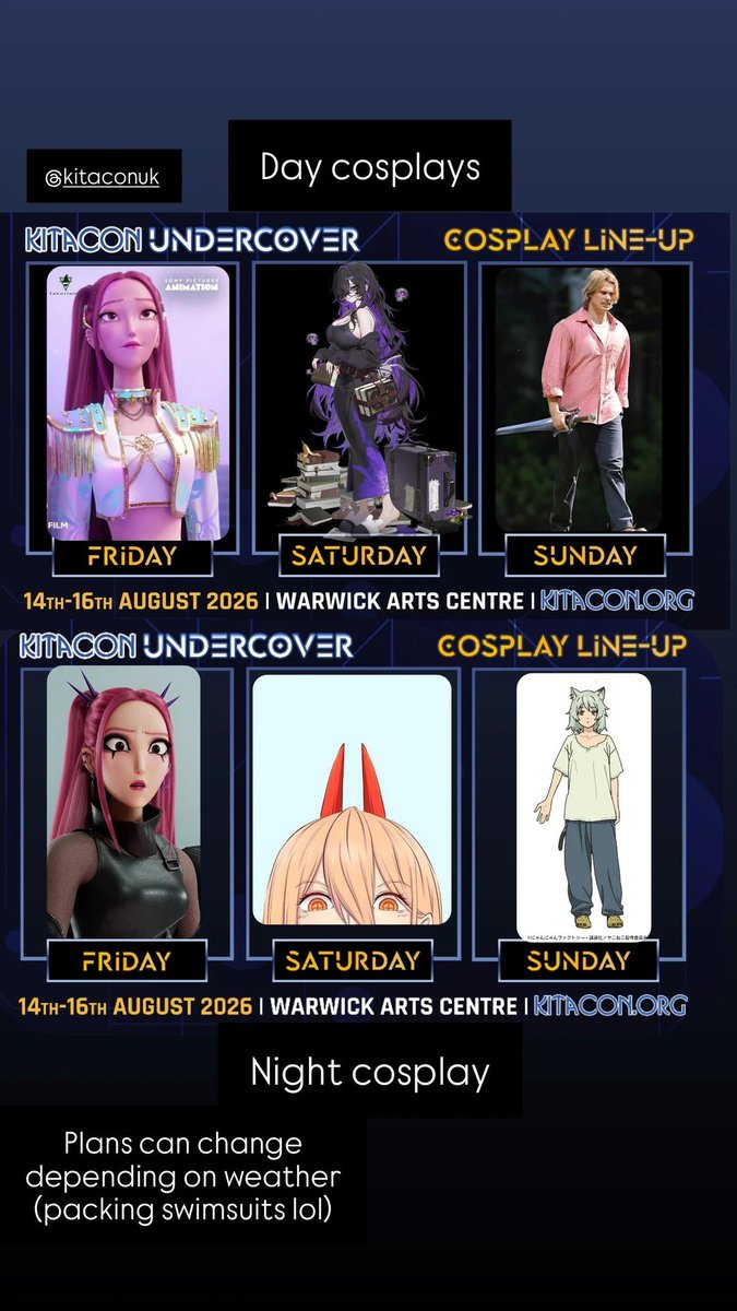 AliceGriever's tweet photo. Kitacon plans for day & evening times.
This can change in case of extreme hot weather. In those cases Some swimsuit cosplays are my backup plans ☺️
My First @Kitacon here I go.
#kitacon #cosplan https://t.co/0tvUWsCKI6