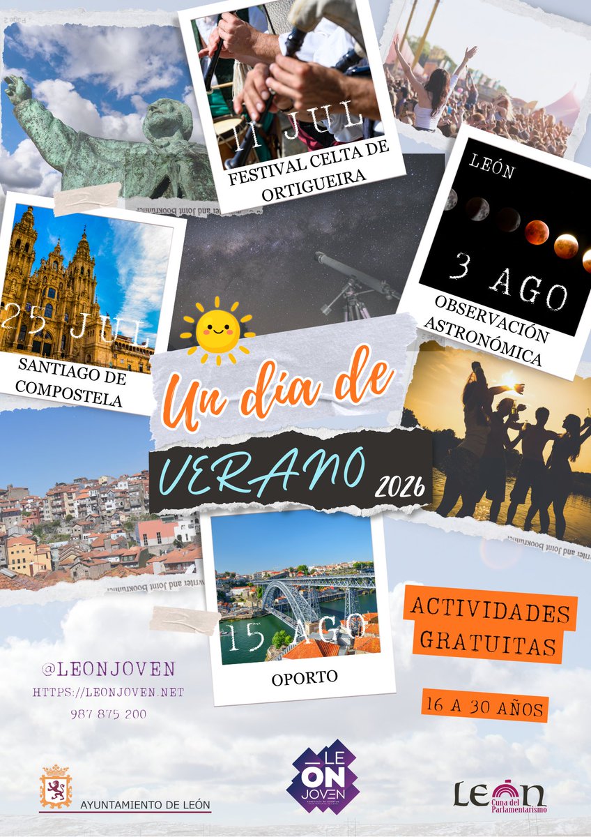 LeonAyto's tweet photo. 🌞🕶️Una excursión gratuita a Santiago de Compostela el 25 de julio, nueva actividad del programa de ocio estival 'Un día de verano' de @Leonjoven del #AytoLeón para jóvenes de 16 a 30 años de #LeónEsp.

‼️Aún quedan plazas libres.

🔗https://t.co/4L1XKYejbS https://t.co/bs25XelFbO