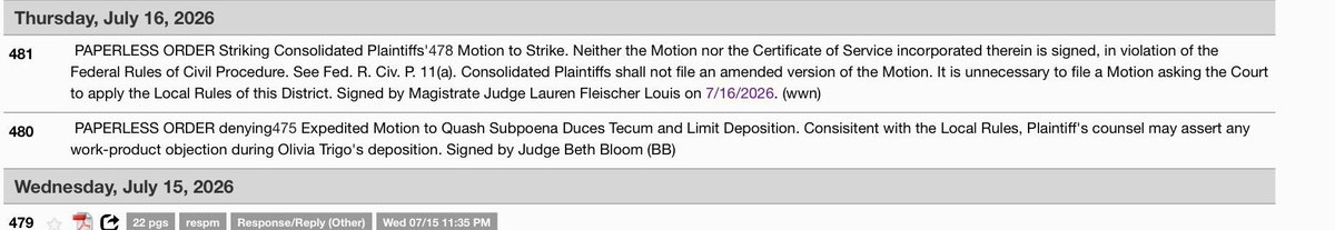 ComeWithFacts's tweet photo. 🚨 Hadley v. Perez Update

After Demoree Hadley’s attorney filed supplemental declarations from B.J. Courville (BJ Investigates) and Zachary Williams (Demoree Docket), Desiree Perez’s legal team moved to strike those filings. They argued the supplemental declarations were untimely, that leave of court was never requested, and asked the Court not to consider them when ruling on the pending sanctions motion.

Overnight, however, the Court struck Perez’s motion to strike before even reaching the merits.

In a paperless order, Magistrate Judge Lauren Louis ruled that the motion violated Federal Rule of Civil Procedure 11(a) because neither the motion nor the certificate of service was signed.

The Court went a step further, directing Perez’s side not to file an amended version of the motion and stating that it was unnecessary to file a motion asking the Court to apply the Local Rules of the Southern District of Florida.

As it stands, the motion seeking to exclude the Courville and Williams declarations has been removed from the docket, meaning those supplemental filings remain part of the record unless the Court orders otherwise at a later stage.